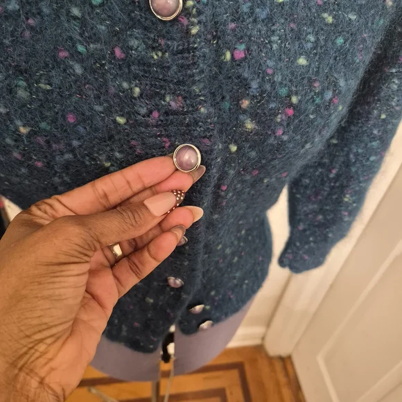 Vintage Haur Hwa Teal Blue/Green Wool Cardigan Sweater w/ Colorful Flexs Med. - Picture 4 of 5